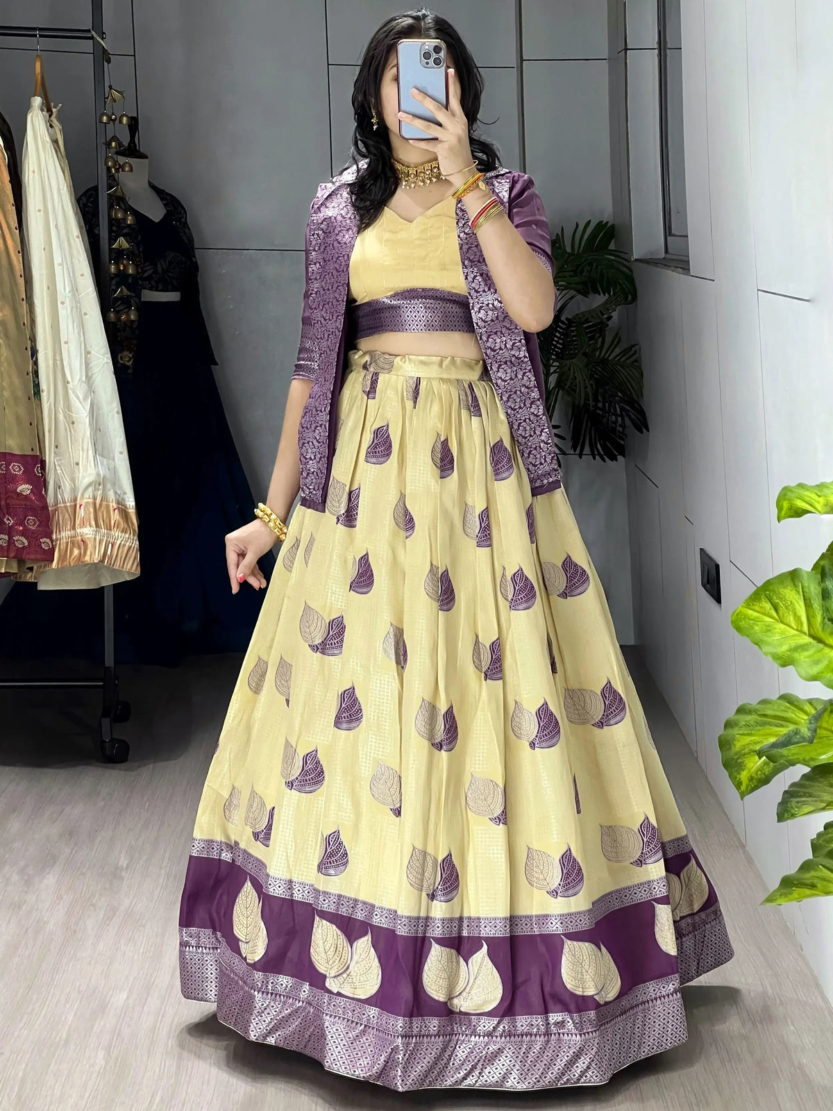 Awesome Yellow Printed Silk Festive Wear Lehenga Choli With Koti 