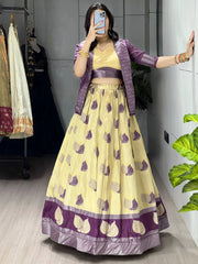 Awesome Yellow Printed Silk Festive Wear Lehenga Choli With Koti 