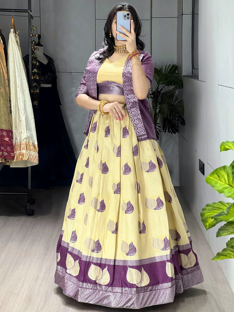 Awesome Yellow Printed Silk Festive Wear Lehenga Choli With Koti 