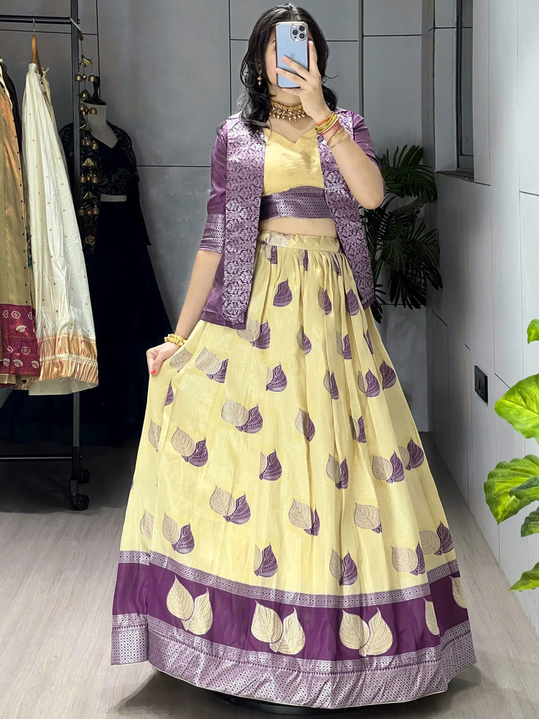 Awesome Yellow Printed Silk Festive Wear Lehenga Choli With Koti 