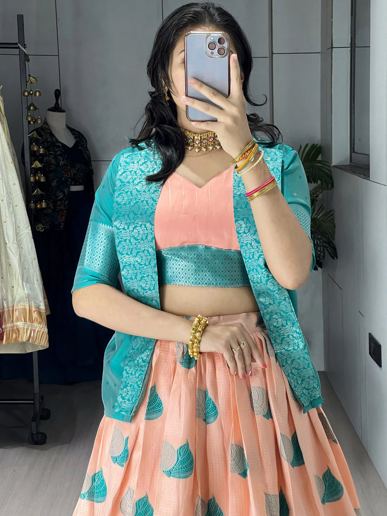 Amazing Peach Printed Silk Wedding Wear Lehenga Choli With Koti 