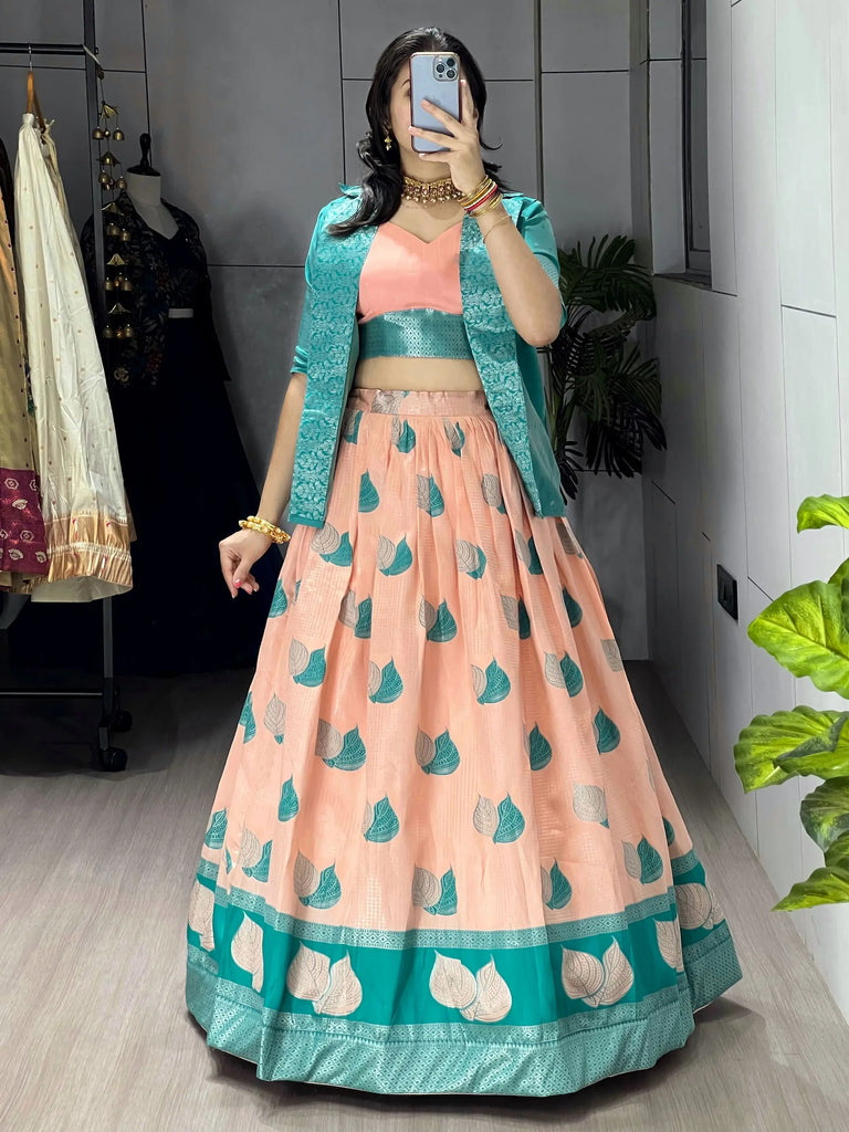 Amazing Peach Printed Silk Wedding Wear Lehenga Choli With Koti 