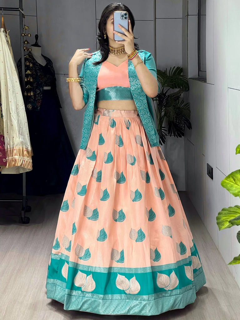 Amazing Peach Printed Silk Wedding Wear Lehenga Choli With Koti 