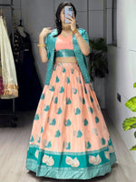 Amazing Peach Printed Silk Wedding Wear Lehenga Choli With Koti