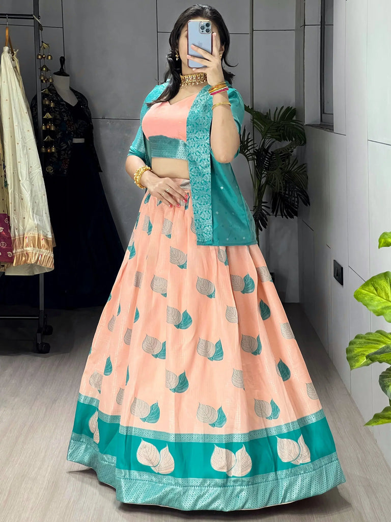 Amazing Peach Printed Silk Wedding Wear Lehenga Choli With Koti 
