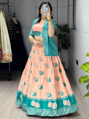 Amazing Peach Printed Silk Wedding Wear Lehenga Choli With Koti 