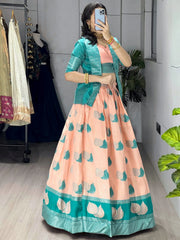 Amazing Peach Printed Silk Wedding Wear Lehenga Choli With Koti 
