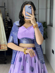 Gorgeous Purple Printed Silk Festive Wear Lehenga Choli With Koti