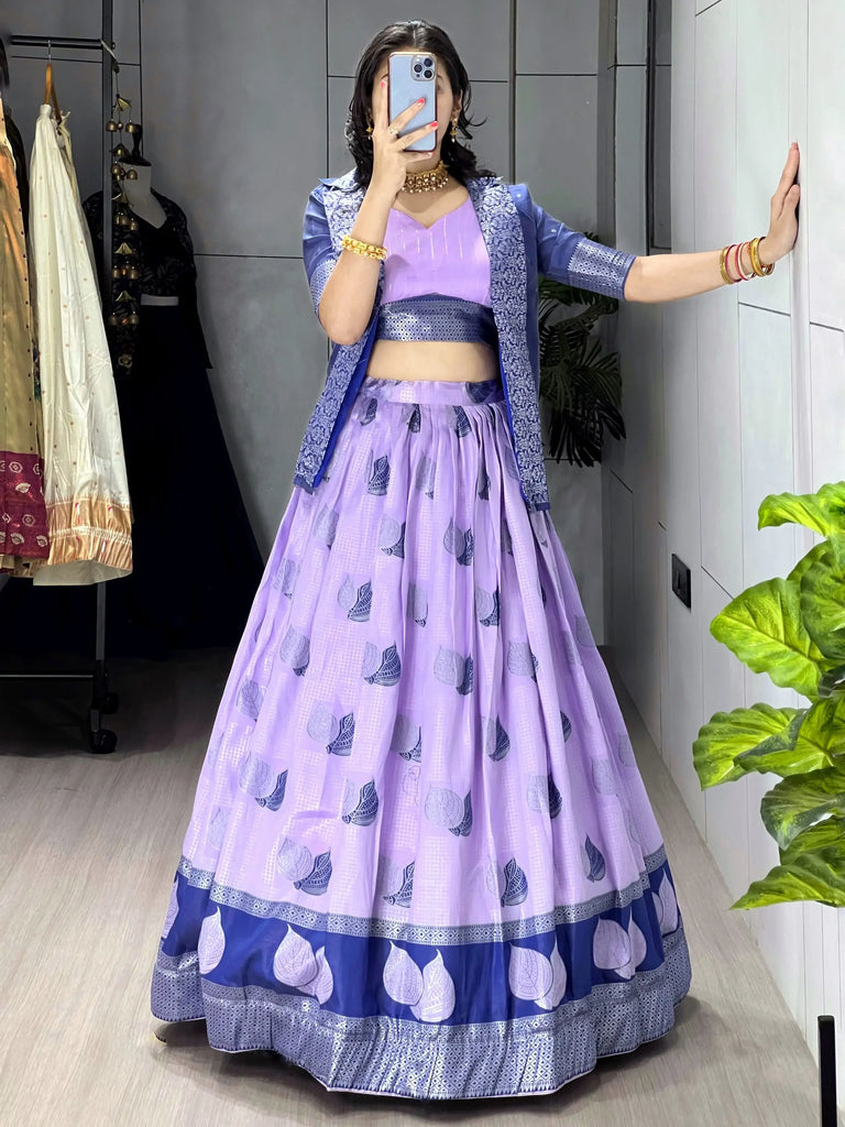 Gorgeous Purple Printed Silk Festive Wear Lehenga Choli With Koti