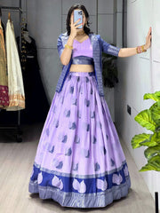 Gorgeous Purple Printed Silk Festive Wear Lehenga Choli With Koti
