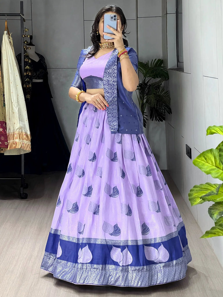 Gorgeous Purple Printed Silk Festive Wear Lehenga Choli With Koti