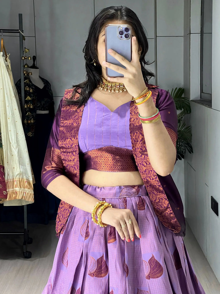 Glamorous Wine Printed Silk Wedding Wear Lehenga Choli With Koti 