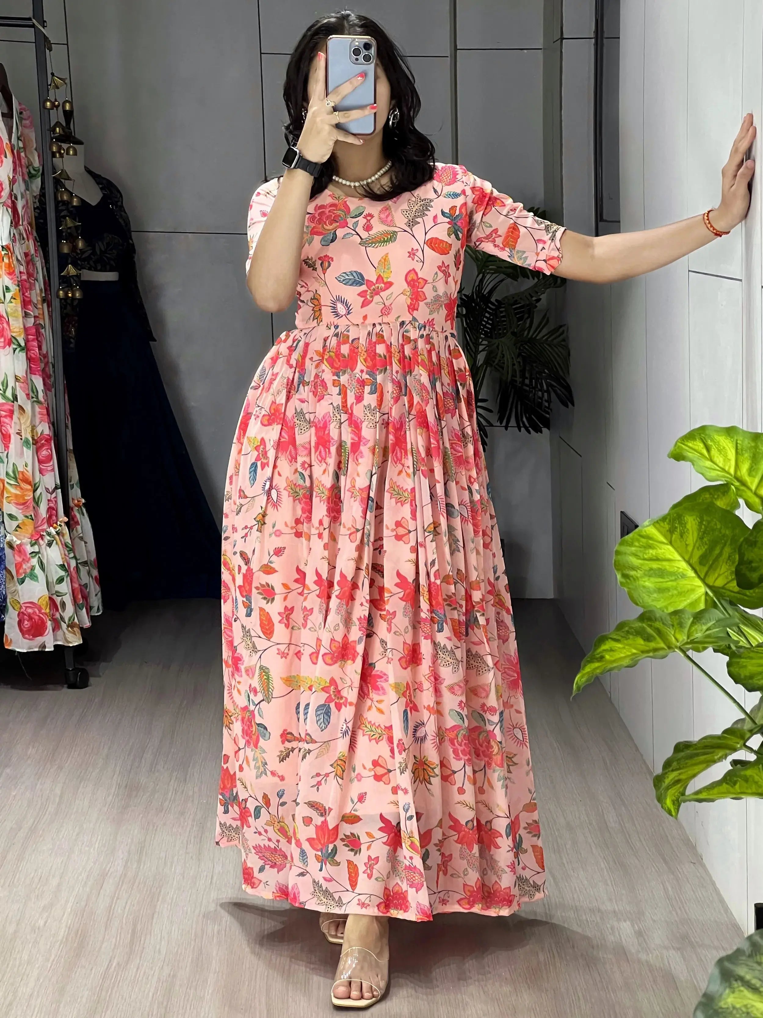 Dazzling Peach Floral Printed Georgette Casual Wear Dress