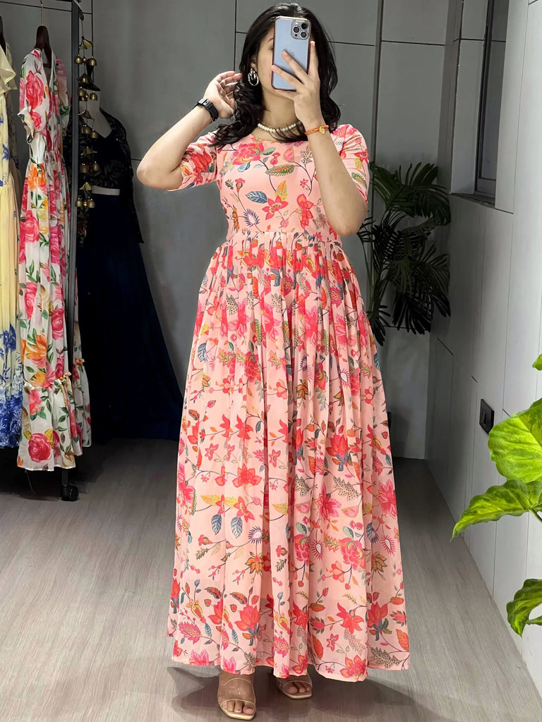Dazzling Peach Floral Printed Georgette Casual Wear Dress