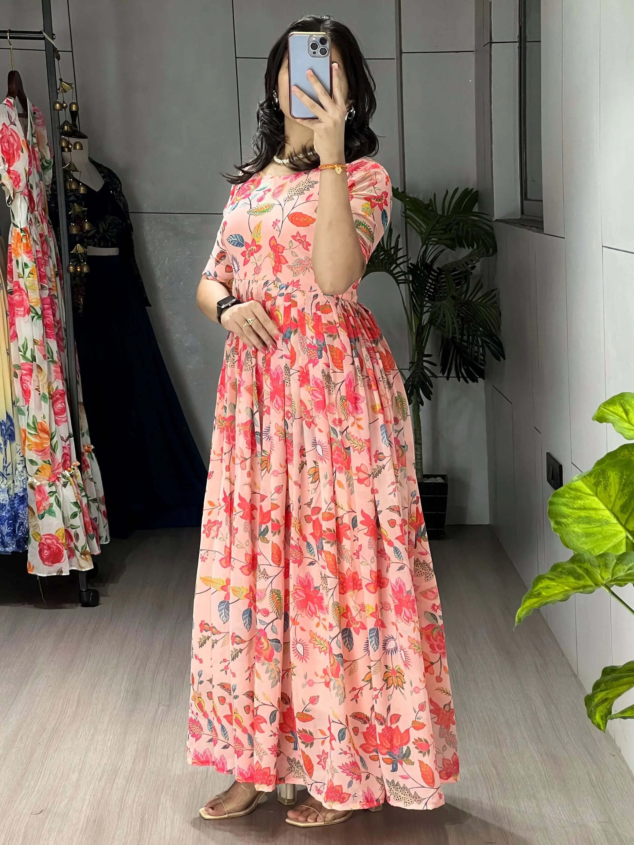 Dazzling Peach Floral Printed Georgette Casual Wear Dress