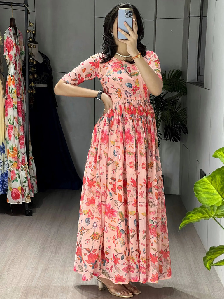 Dazzling Peach Floral Printed Georgette Casual Wear Dress