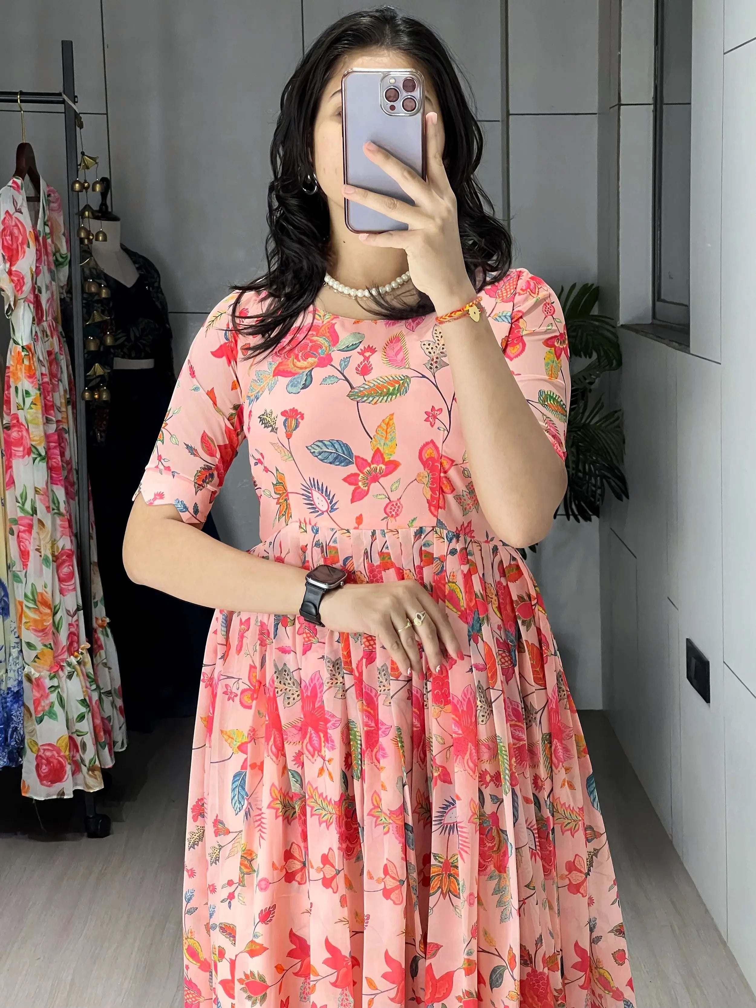 Dazzling Peach Floral Printed Georgette Casual Wear Dress