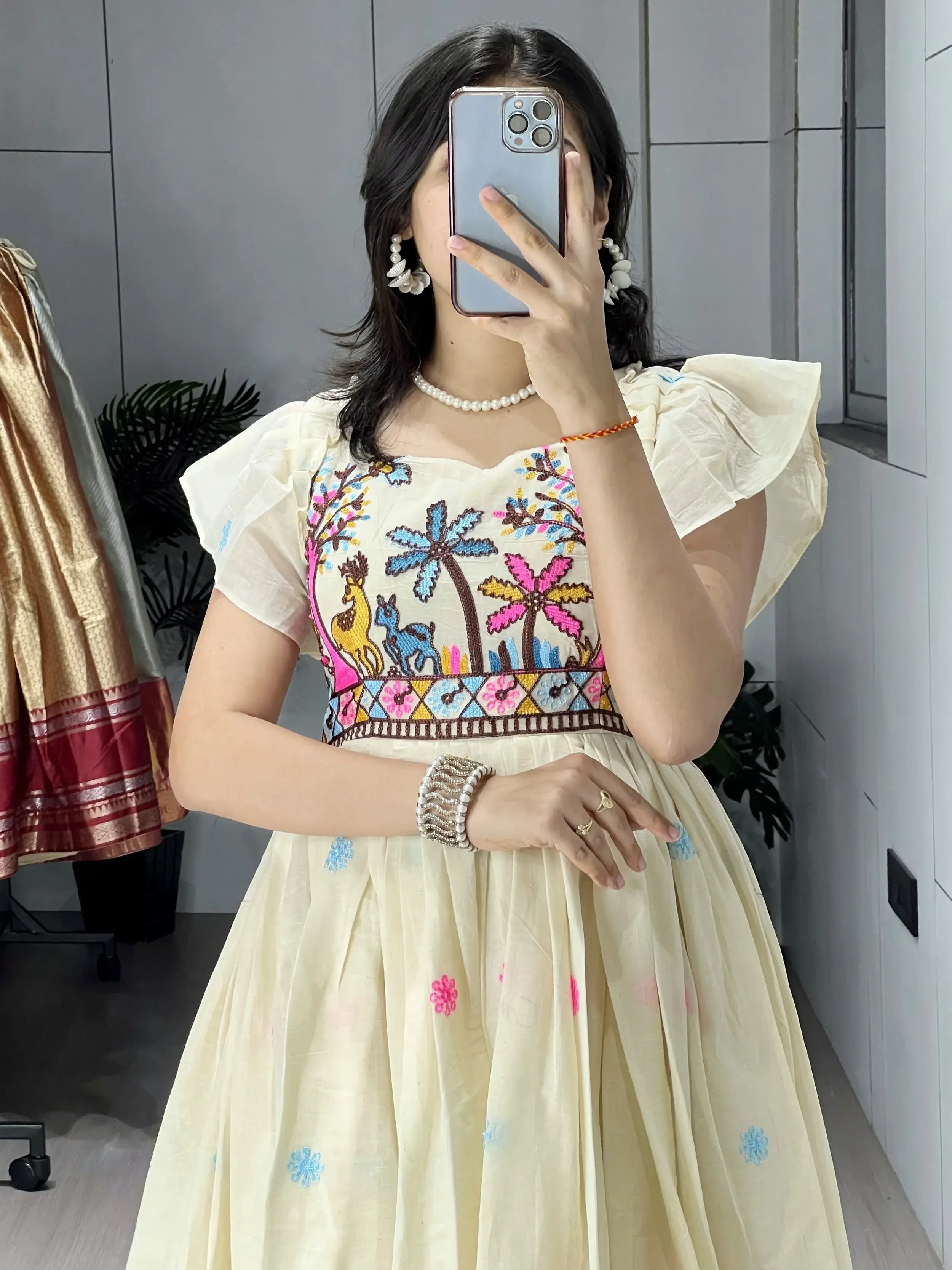 Beautiful Off-White Embroidered Cotton Casual Wear Dress