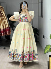 Beautiful Off-White Embroidered Cotton Casual Wear Dress