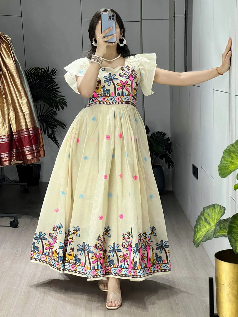 Beautiful Off-White Embroidered Cotton Casual Wear Dress