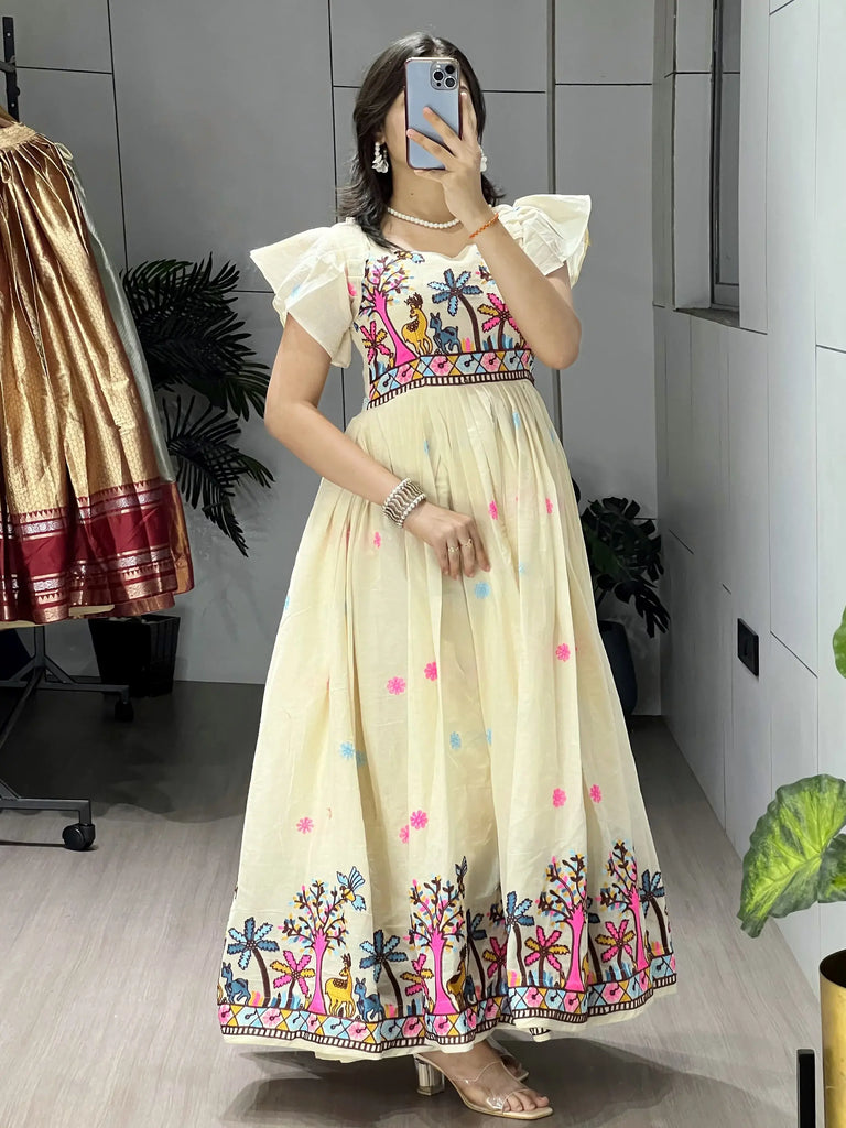 Beautiful Off-White Embroidered Cotton Casual Wear Dress