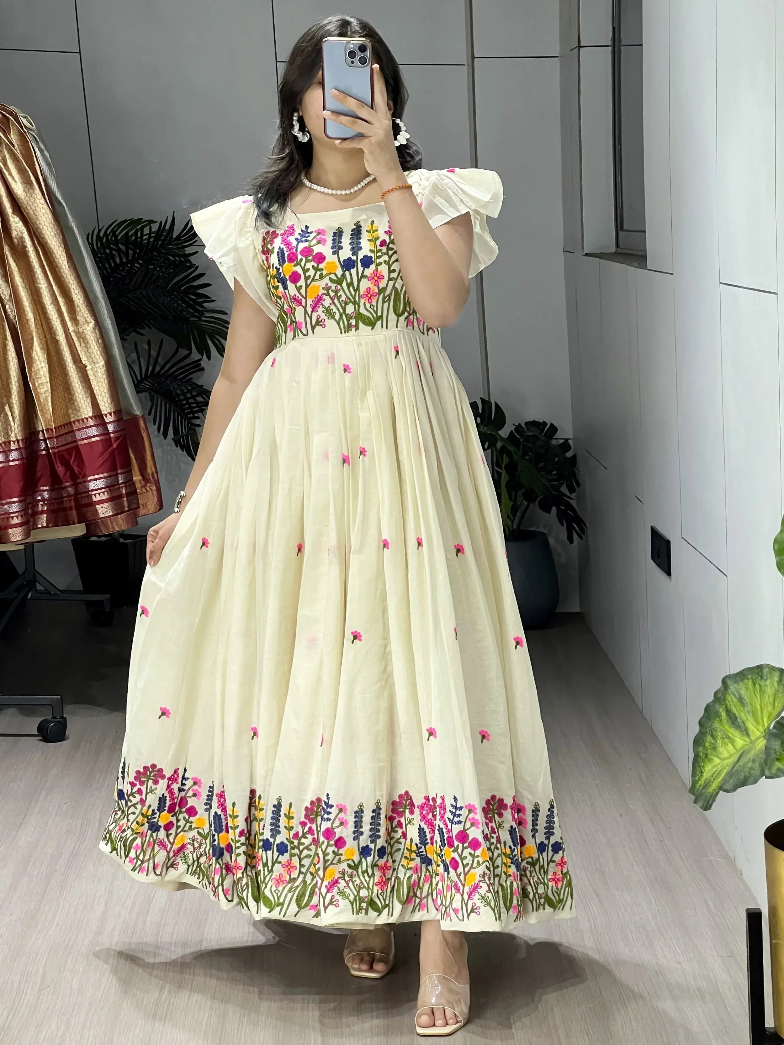 Charming Off-White Embroidered Cotton Casual Wear Dress