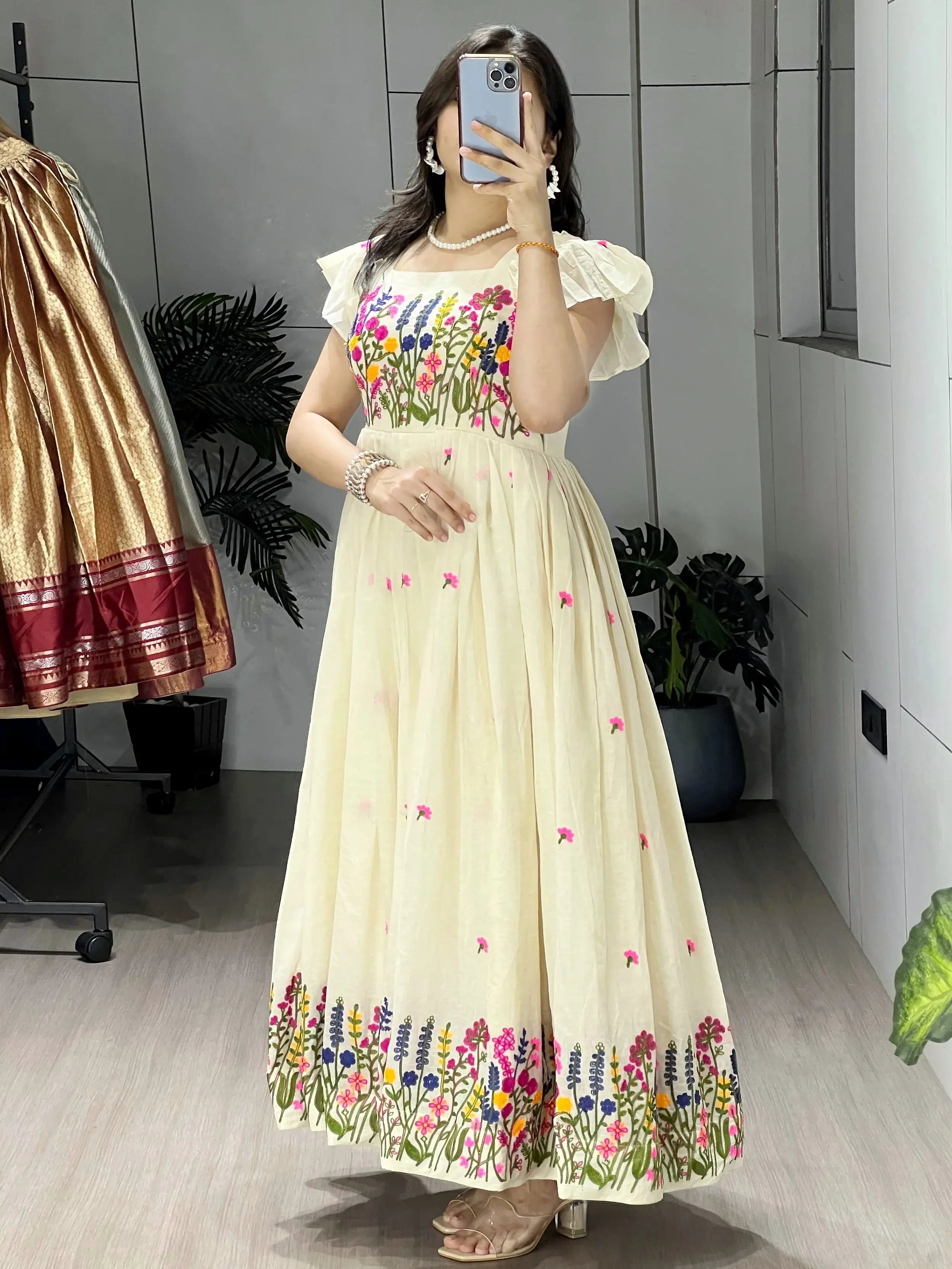 Charming Off-White Embroidered Cotton Casual Wear Dress