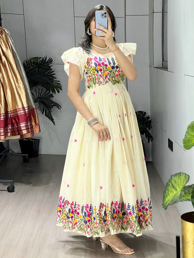 Charming Off-White Embroidered Cotton Casual Wear Dress