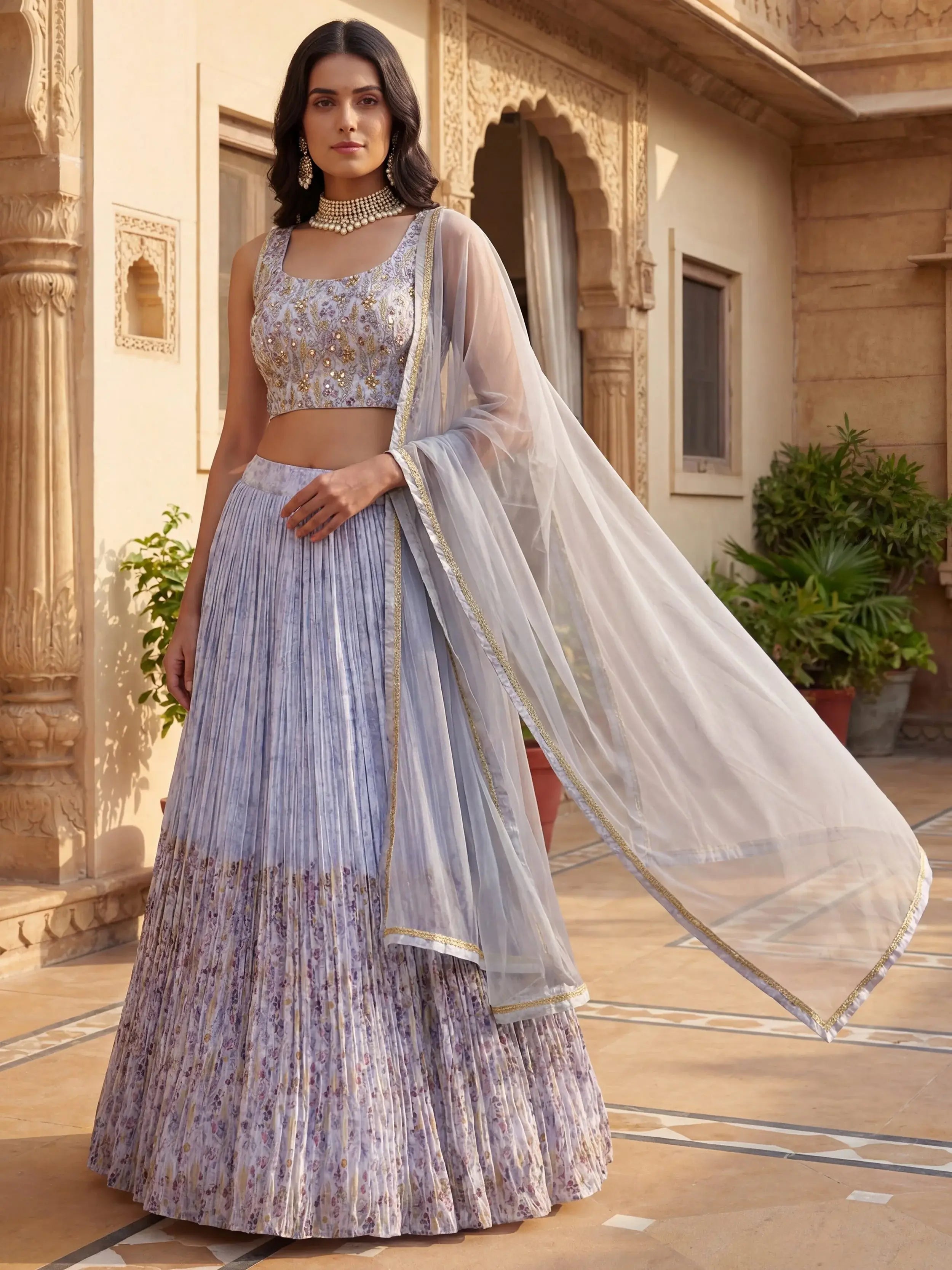 Enchanting Blue Floral Printed Georgette Festival Wear Lehenga Choli