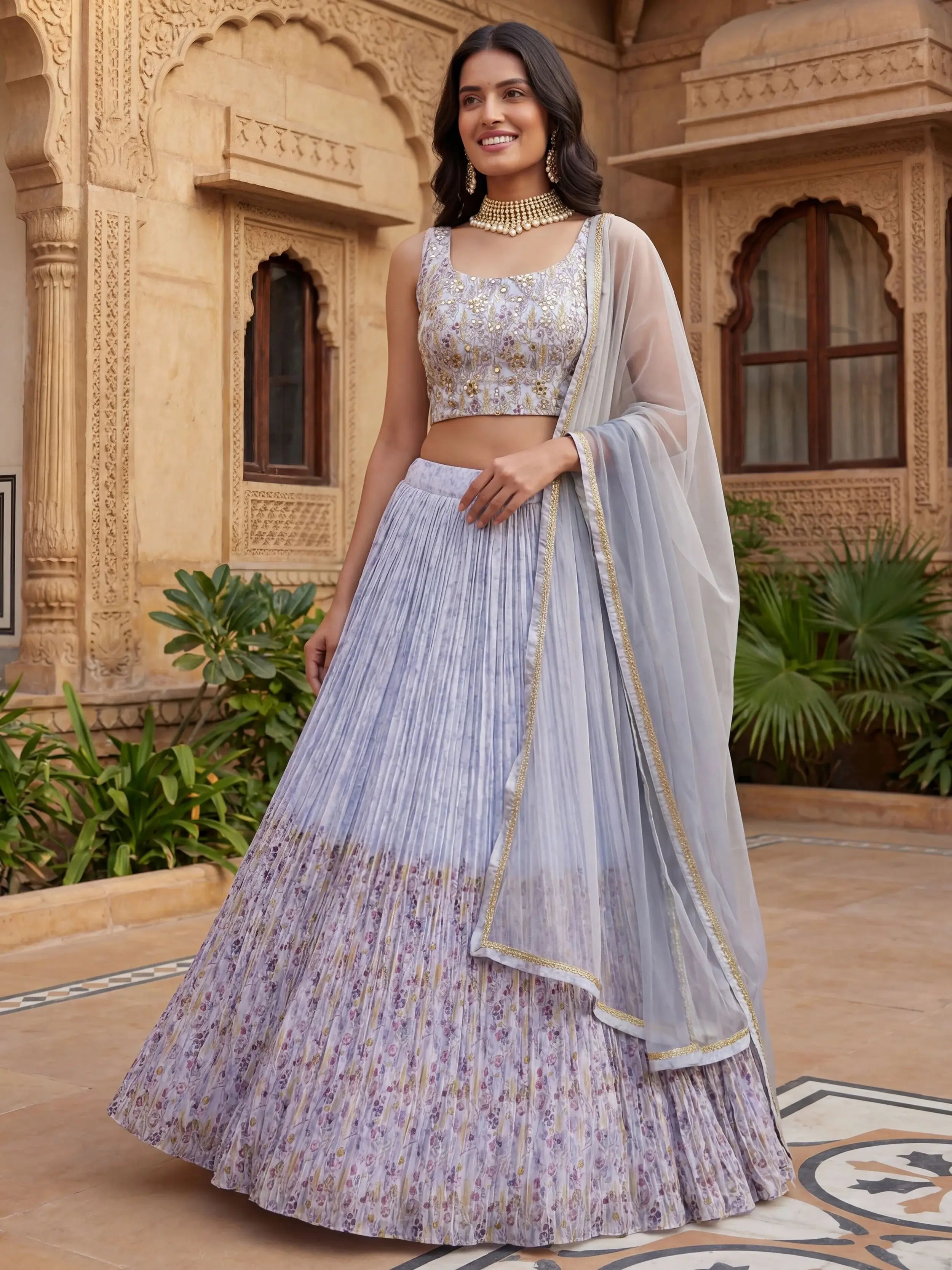 Enchanting Blue Floral Printed Georgette Festival Wear Lehenga Choli