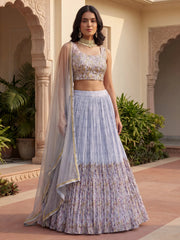 Enchanting Blue Floral Printed Georgette Festival Wear Lehenga Choli