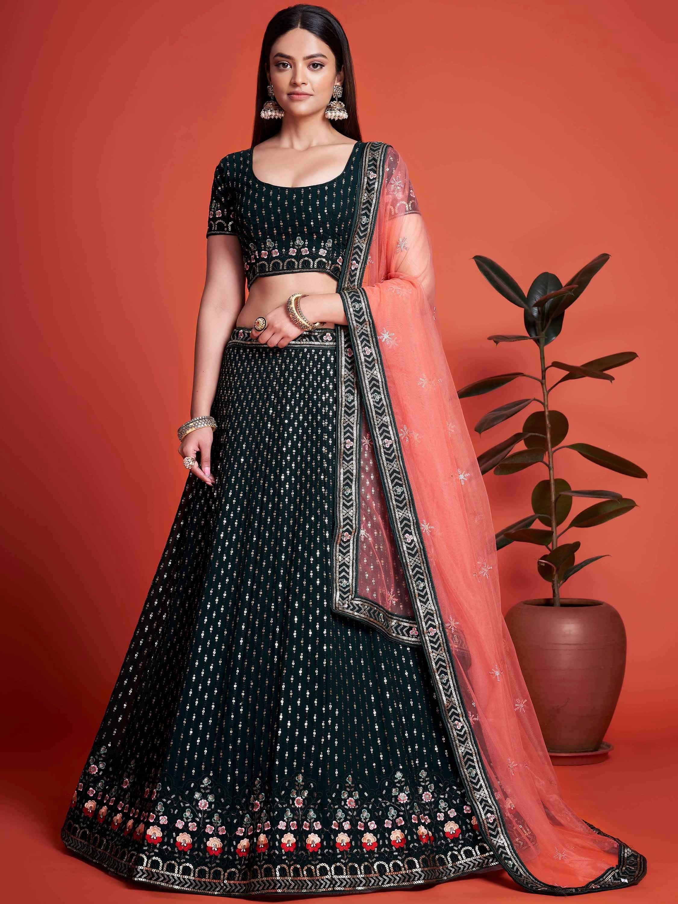 Awesome Green Sequins Georgette Function Wear Plus Size Lehenga Choli