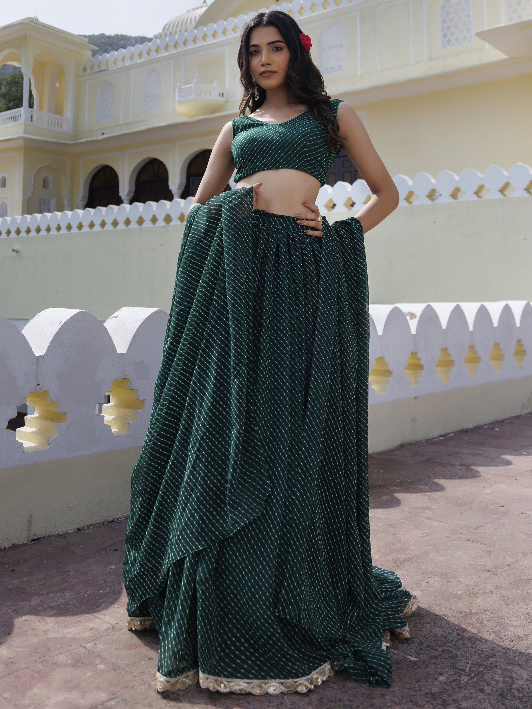 Regal Bottle Green Laheriya Printed Georgette Mehendi Wear Lehenga Choli