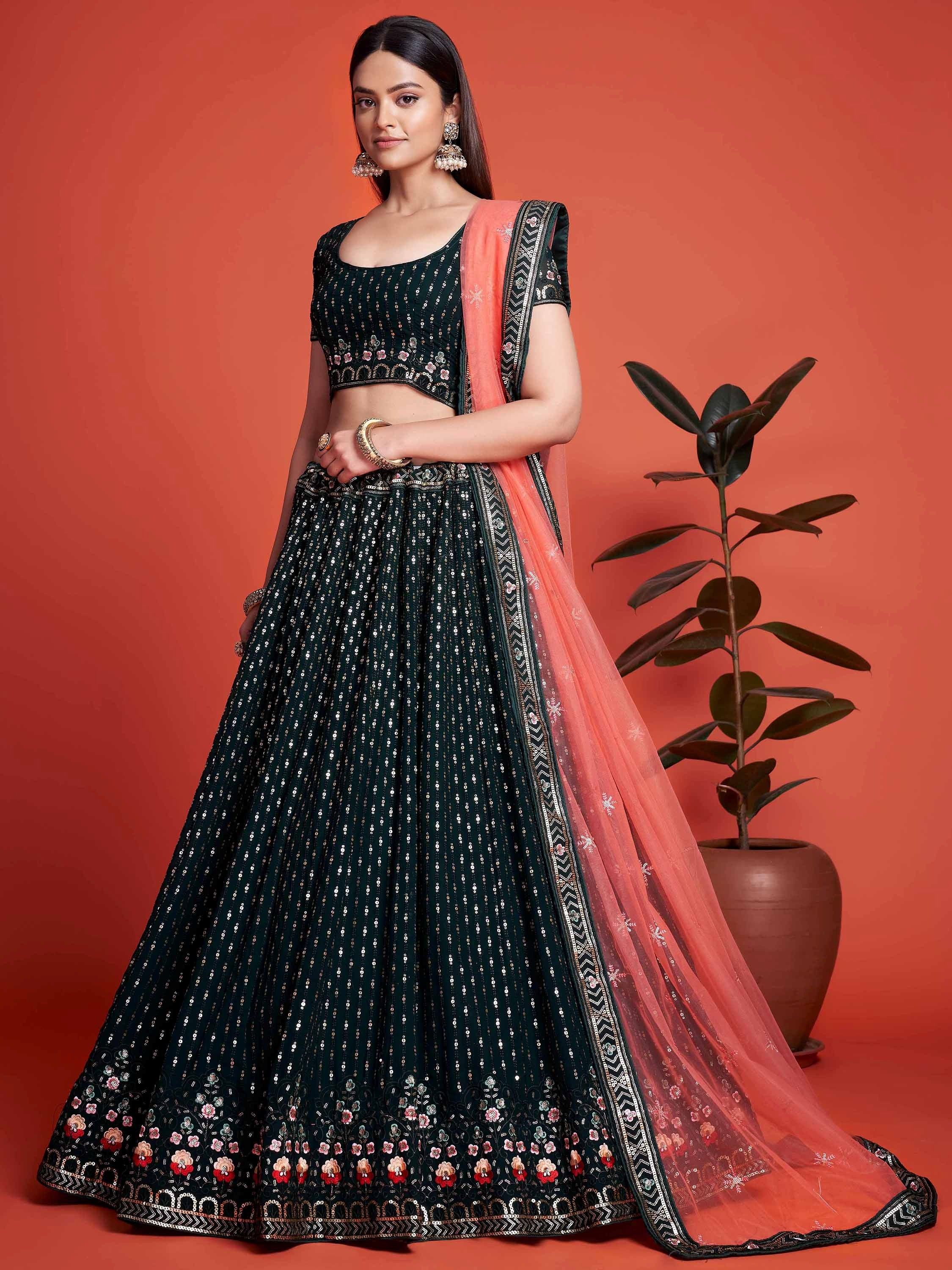 Awesome Green Sequins Georgette Function Wear Plus Size Lehenga Choli