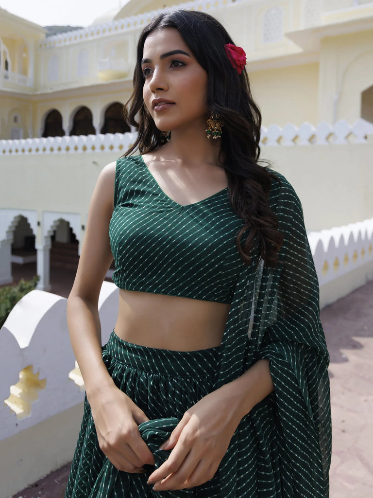 Regal Bottle Green Laheriya Printed Georgette Mehendi Wear Lehenga Choli