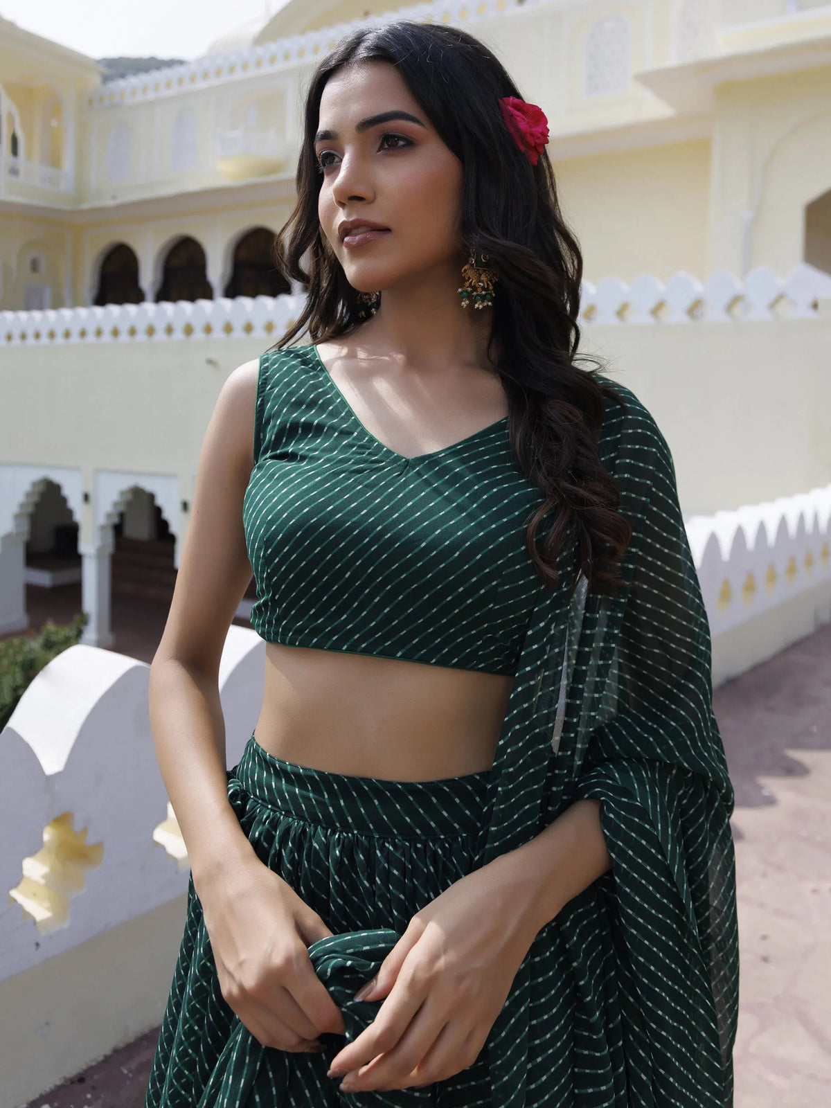 Regal Bottle Green Laheriya Printed Georgette Mehendi Wear Lehenga Choli
