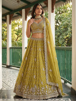 Rich Olive Green Diamond Work Organza Mehendi Wear Lehenga Choli