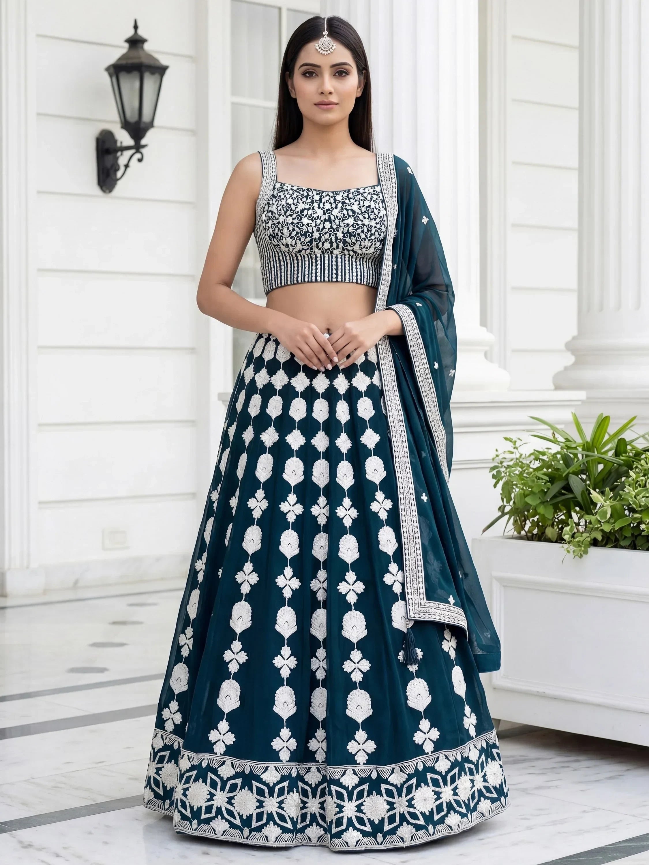 Attractive Green Thread Embroidered Georgette Party Wear Lehenga Choli
