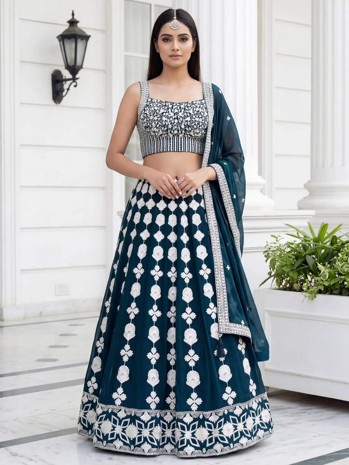 Attractive Green Thread Embroidered Georgette Party Wear Lehenga Choli