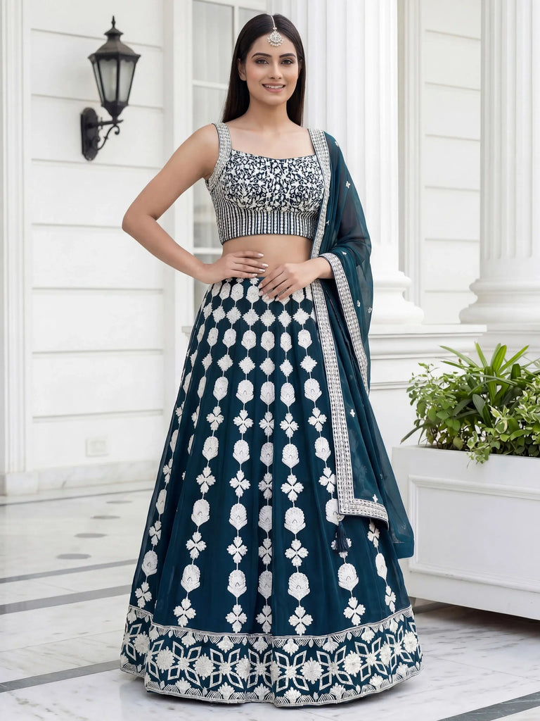 Attractive Green Thread Embroidered Georgette Party Wear Lehenga Choli