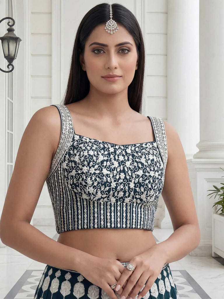 Attractive Green Thread Embroidered Georgette Party Wear Lehenga Choli