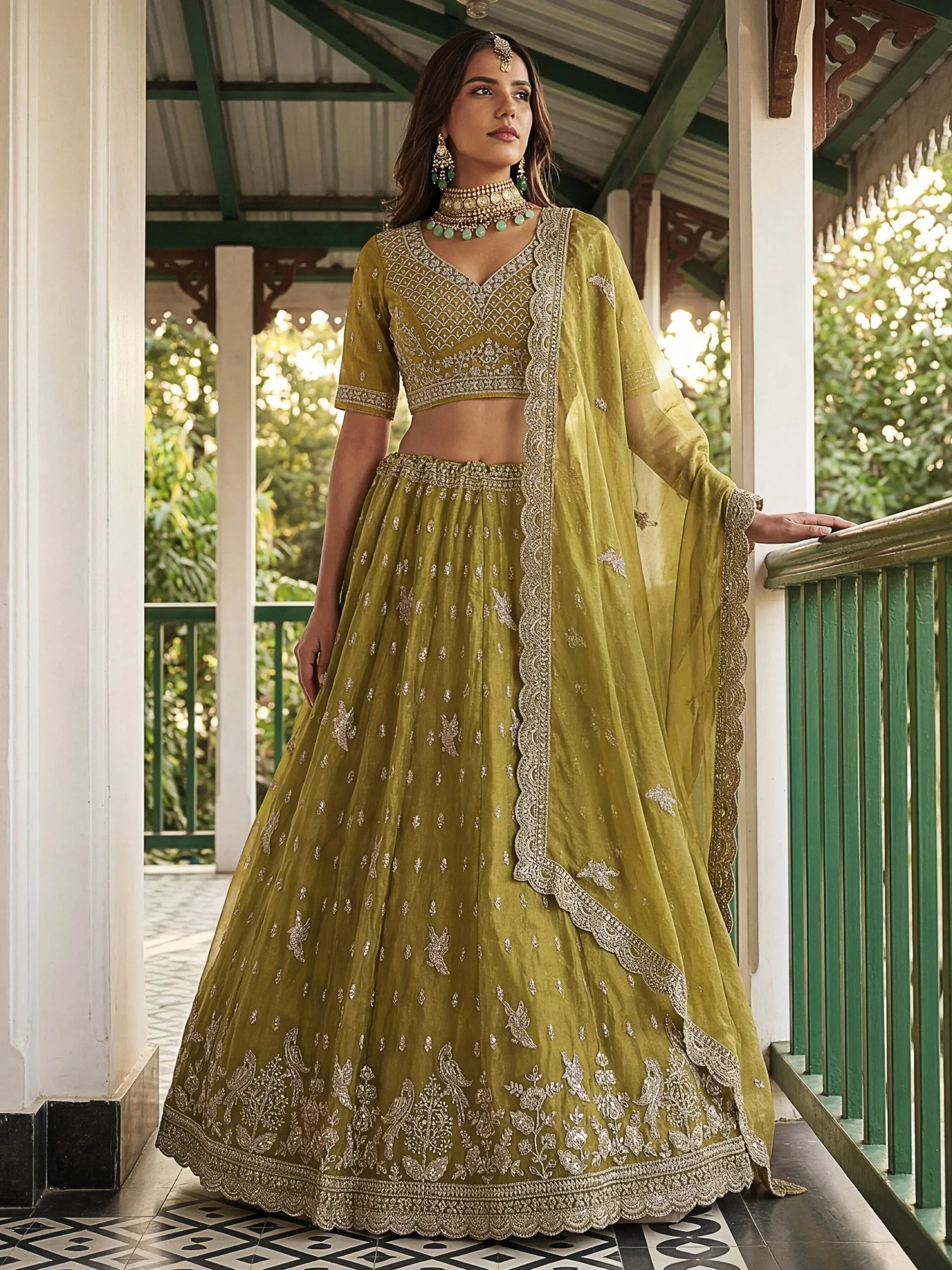 Rich Olive Green Diamond Work Organza Mehendi Wear Lehenga Choli