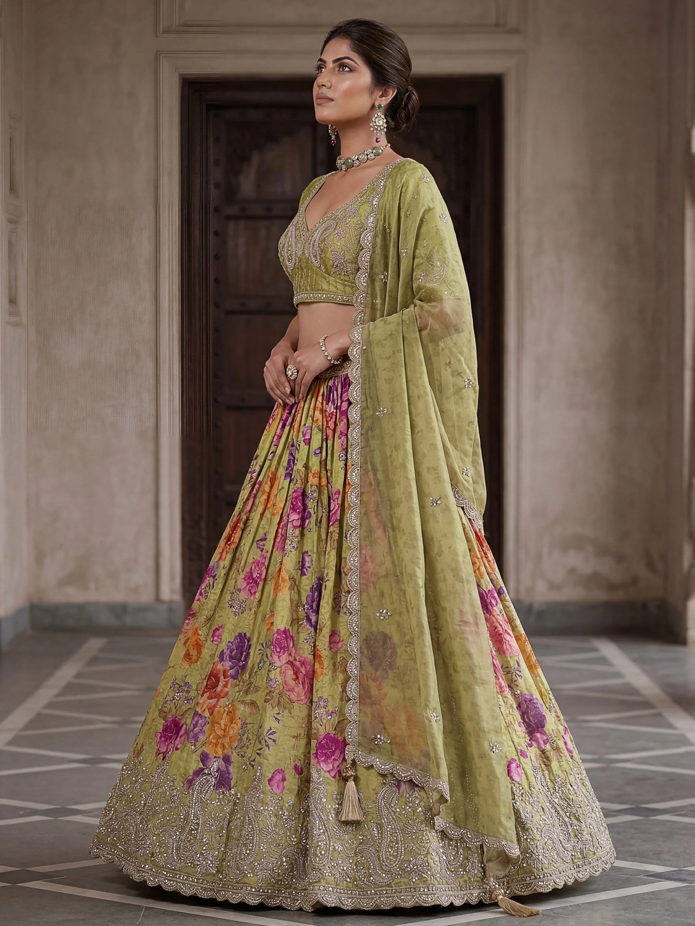 Fantastic Green Embroidered Mehendi Wear Lehenga Choli With Dupatta