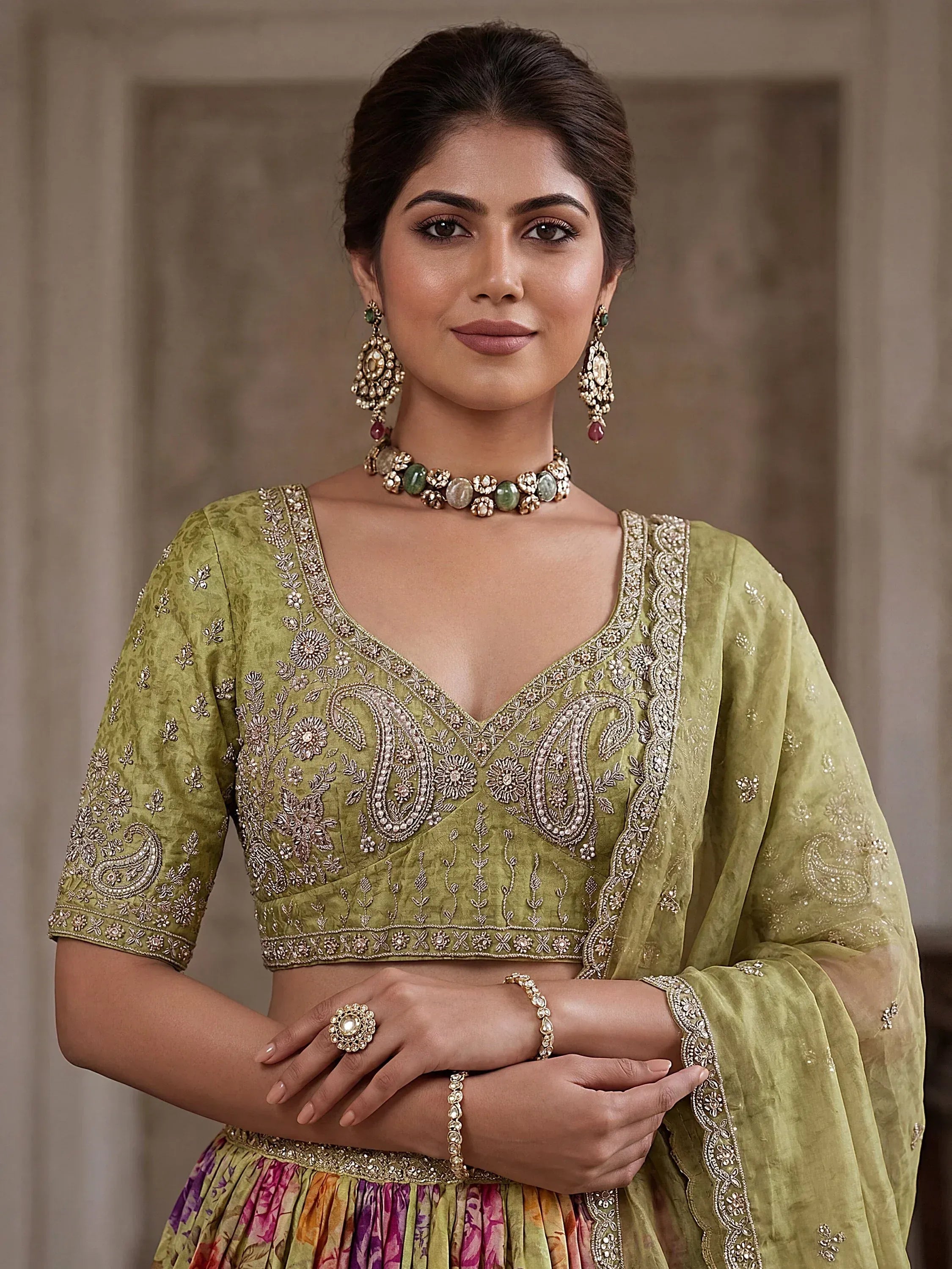Fantastic Green Embroidered Mehendi Wear Lehenga Choli With Dupatta