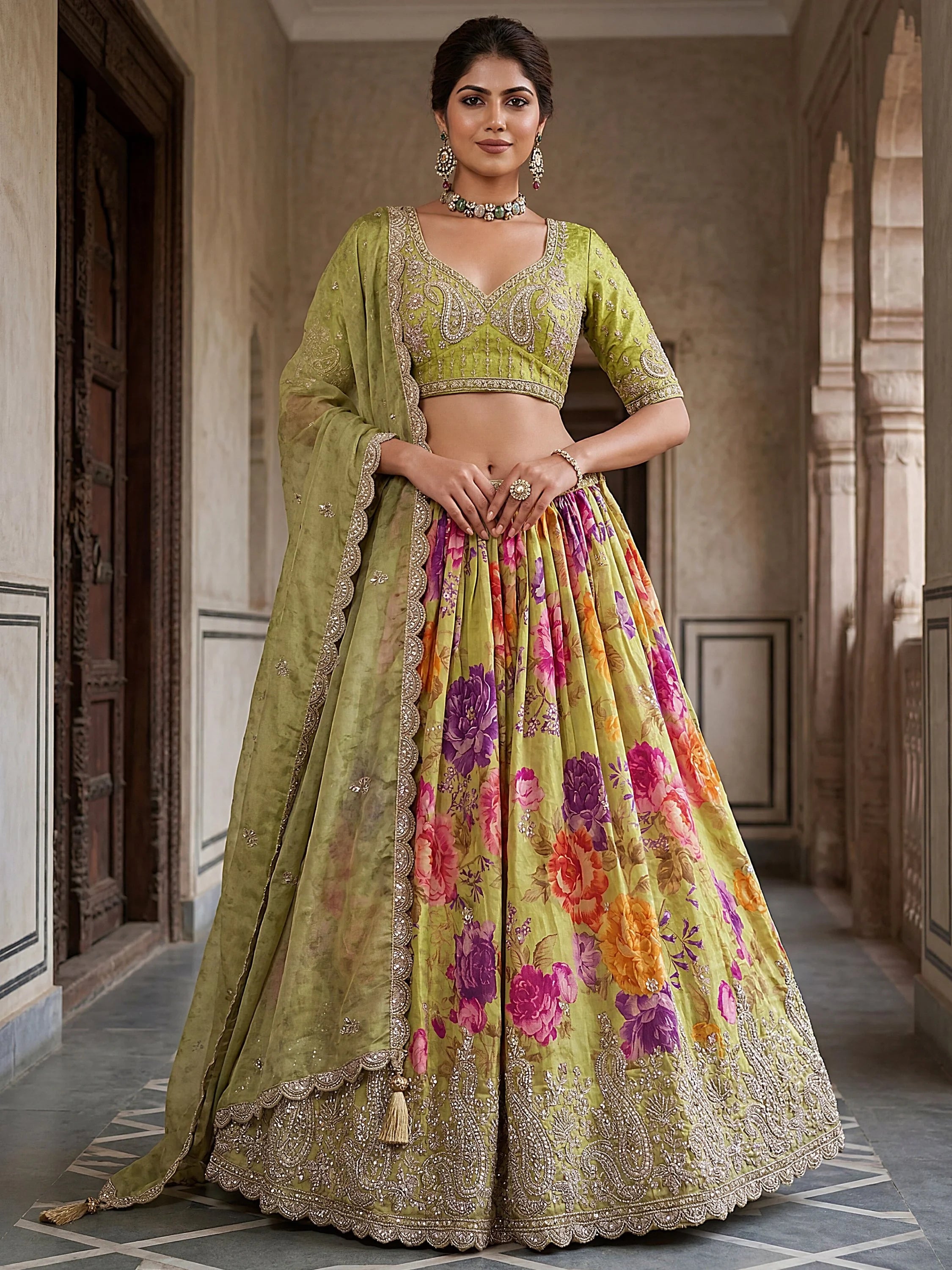 Fantastic Green Embroidered Mehendi Wear Lehenga Choli With Dupatta