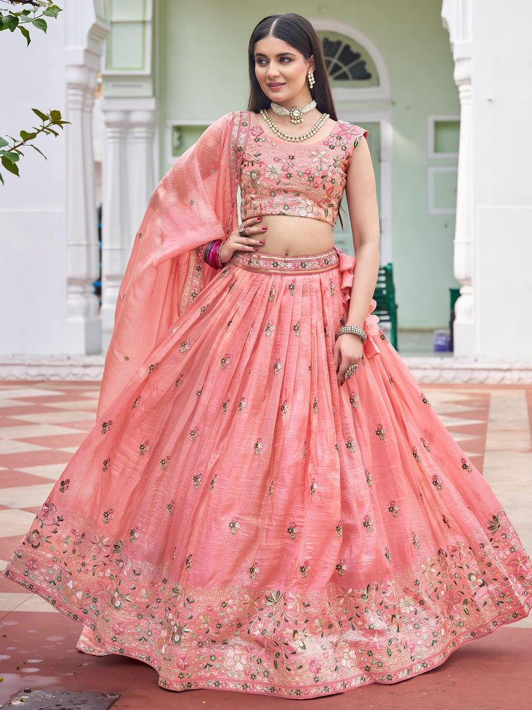 Adorable Peach Embroidered Crushed Wedding Wear Lehenga Choli