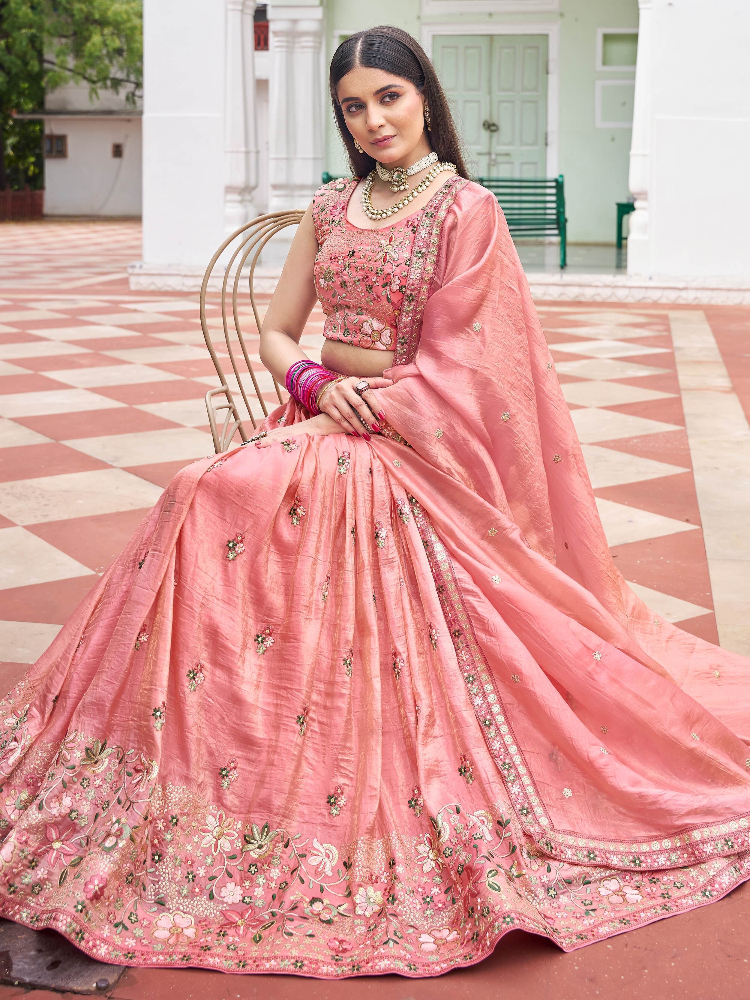 Adorable Peach Embroidered Crushed Wedding Wear Lehenga Choli