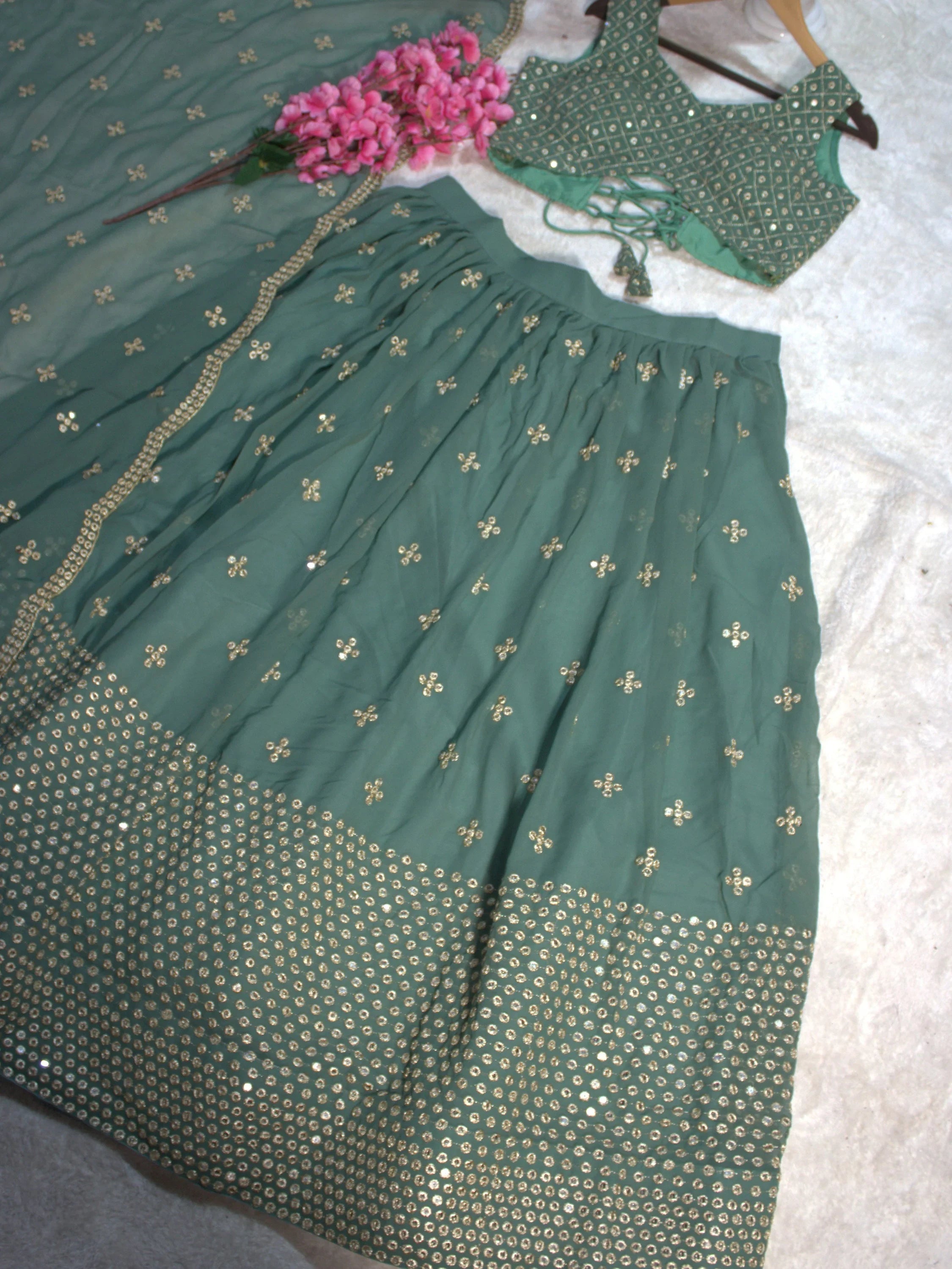 Stunning Green Georgette Sequins Embroidered Event Wear Lehenga Choli
