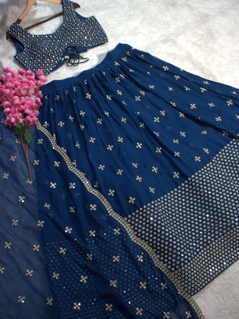 Enchanting Navy Blue Georgette Sequins Embroidered Lehenga Choli