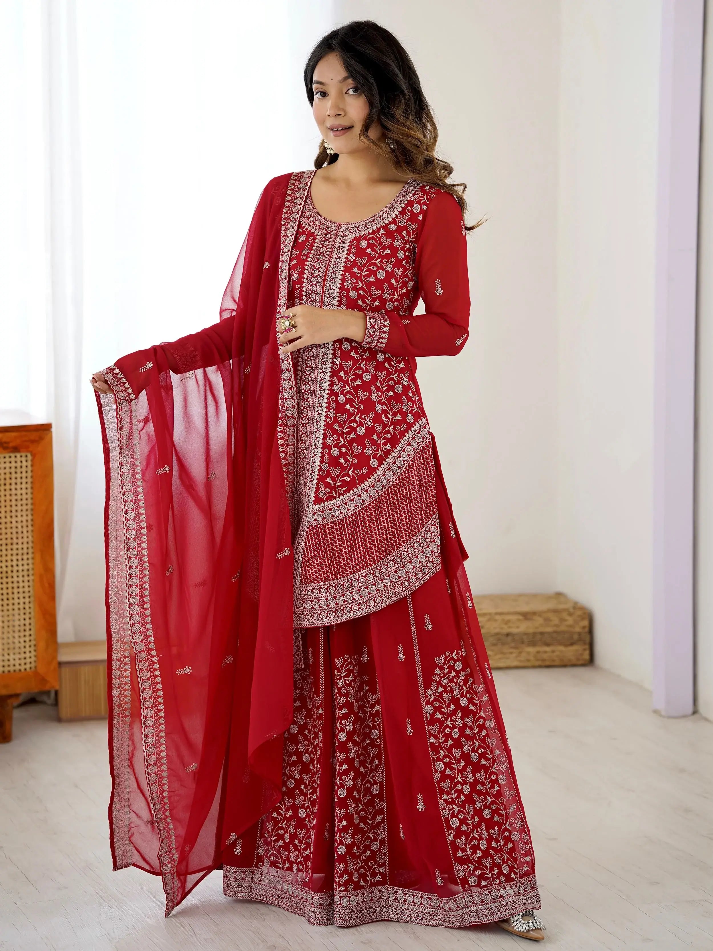 Glamorous Red Embroidered Georgette Festive Wear Palazzo Suit
